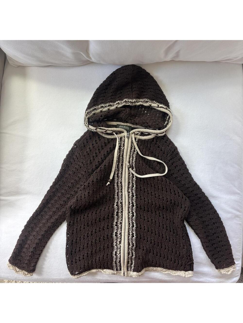 Eddie Bauer Vintage Open Knit Crochet Zip Hoodie Small Brown Ramie Blend